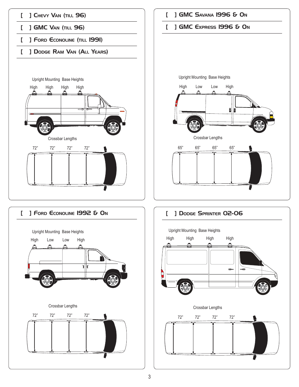 Vantech H3 Rack 3 Bar System for a GMC Savana 1996-On User Manual | Page 3 / 8