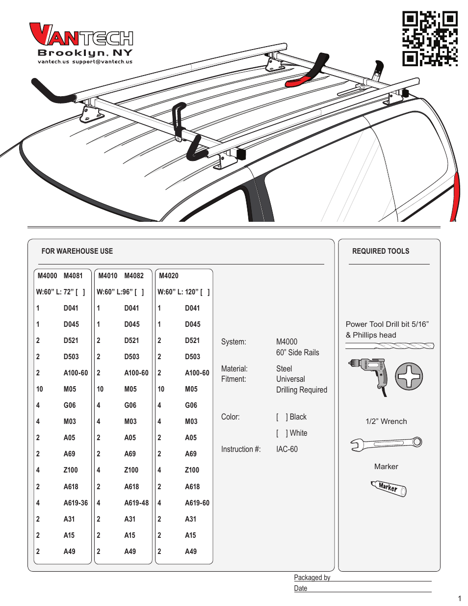 Vantech Steel M4000 ladder rack 60" bars & 96 rails" User Manual | 8 pages