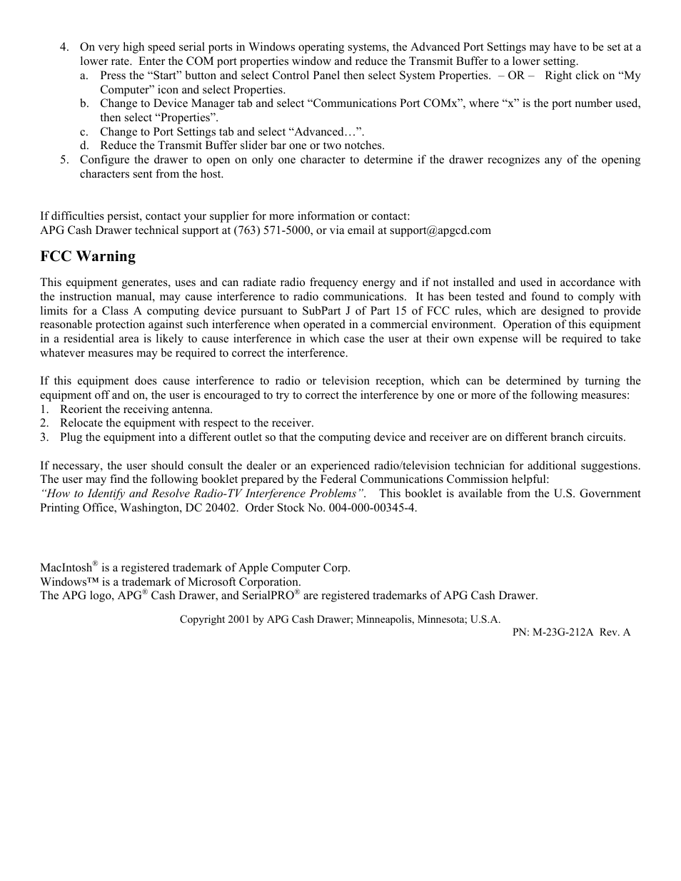 Fcc warning | APG Cash Drawer Model 212A Smart SerialPRO User Manual | Page 7 / 7