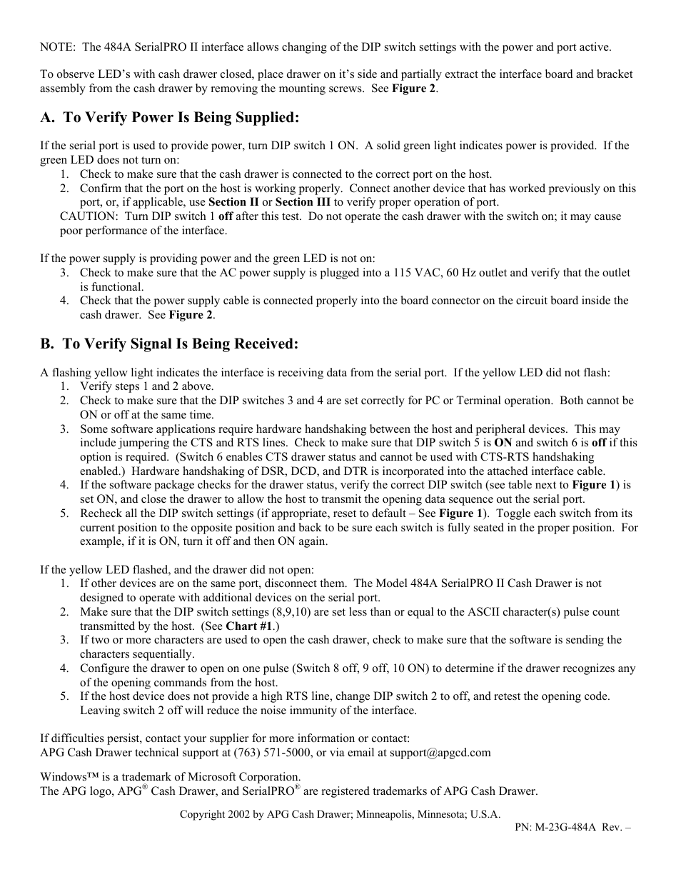 B. to verify signal is being received, A. to verify power is being supplied | APG Cash Drawer Model 484A SerialPRO II User Manual | Page 3 / 4