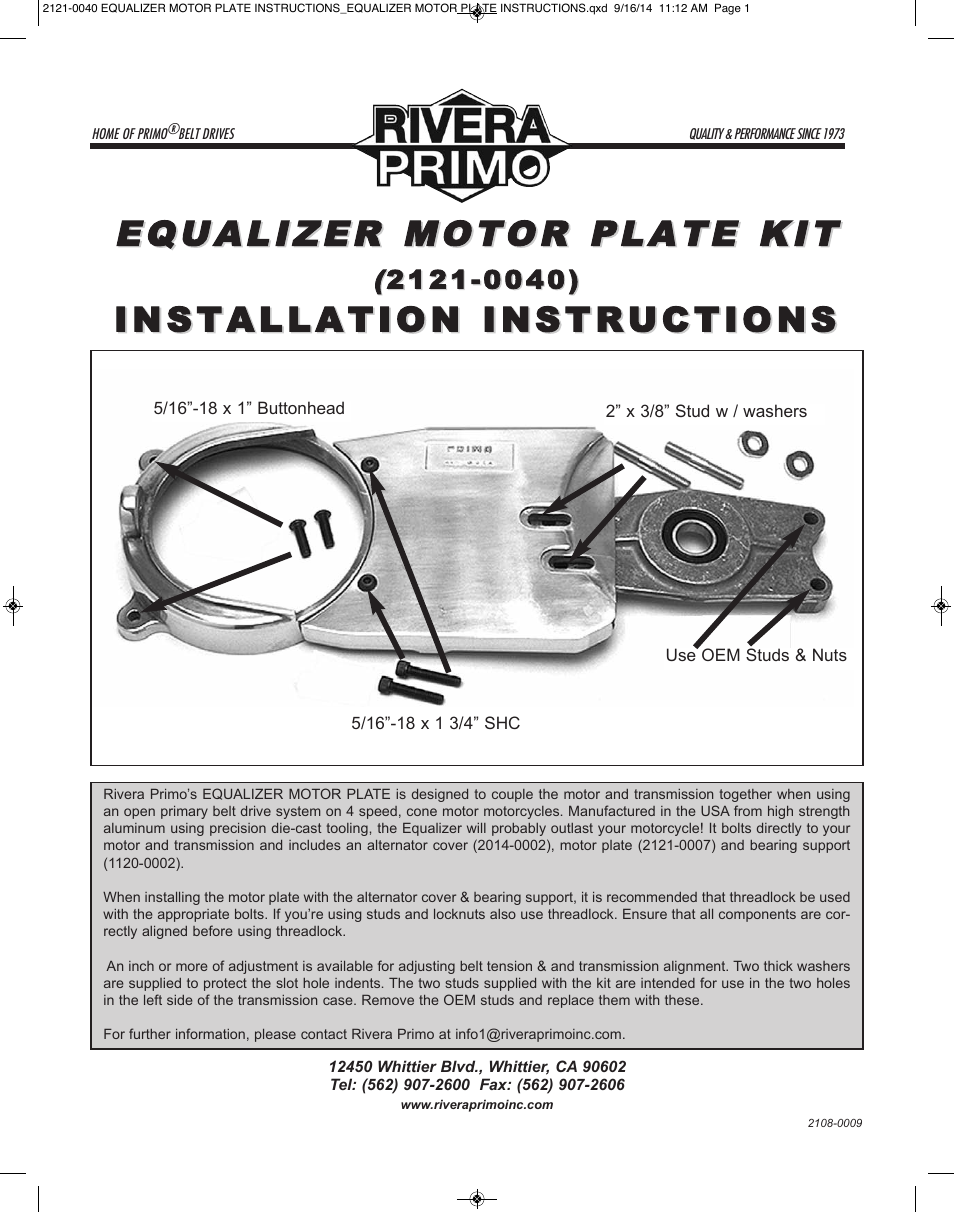 Rivera Primo Equalizer Motor Plate Kit (2121-0040) User Manual | 1 page