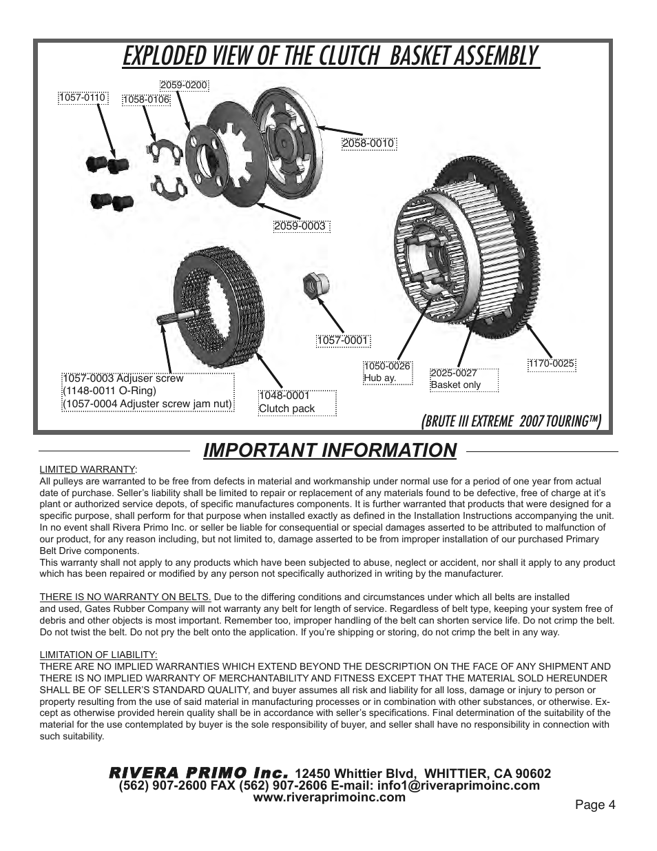 Exploded view of the clutch basket assembly, Important information, Rivera primo inc | Brute iii extreme 2007 touring™) | Rivera Primo Brute III Extreme 2007 Touring Enclosed Belt Drive User Manual | Page 4 / 4