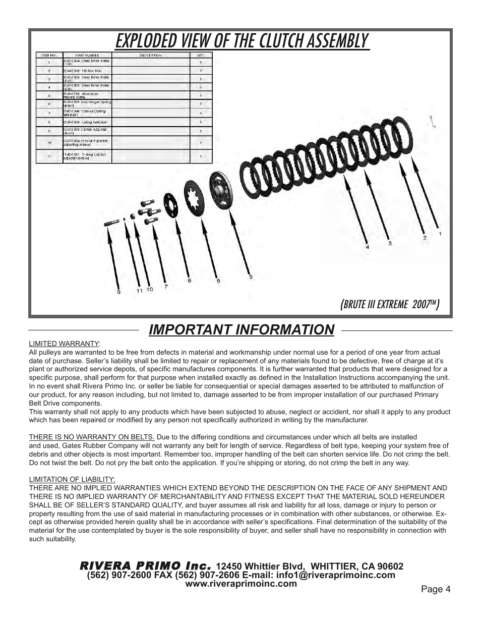 Exploded view of the clutch assembly, Important information | Rivera Primo Brute III Extreme 2007 Enclosed Belt Drive User Manual | Page 4 / 4