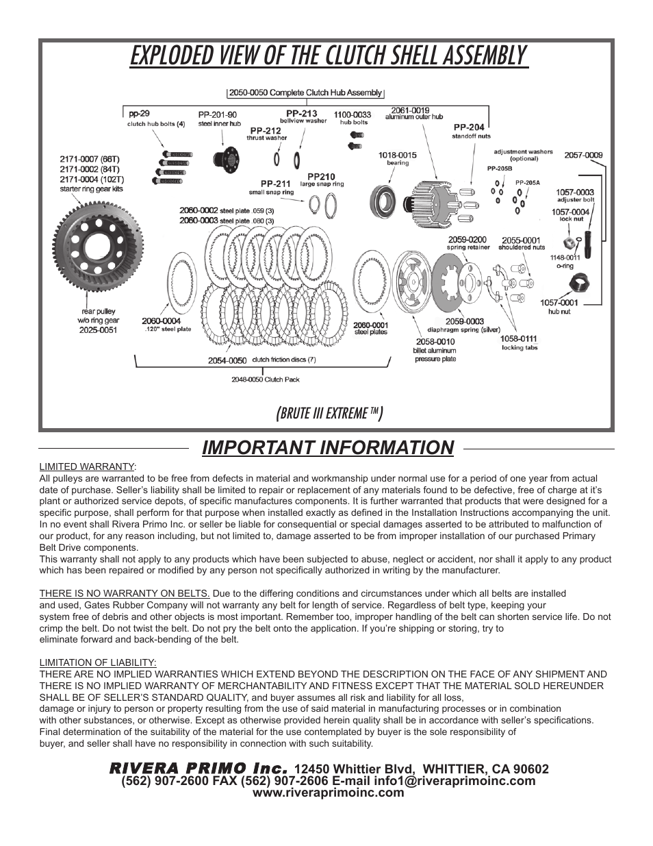 Exploded view of the clutch shell assembly, Important information | Rivera Primo Brute III Extreme User Manual | Page 4 / 4