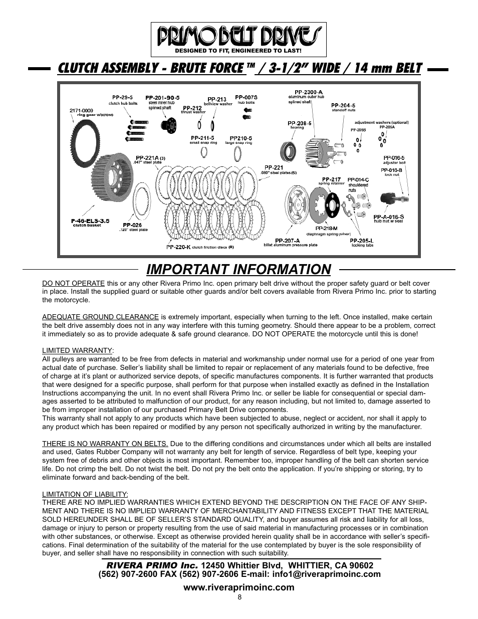 Clutch assembly - brute force, 1/2” wide / 14 mm belt important information | Rivera Primo Brute Force User Manual | Page 8 / 8