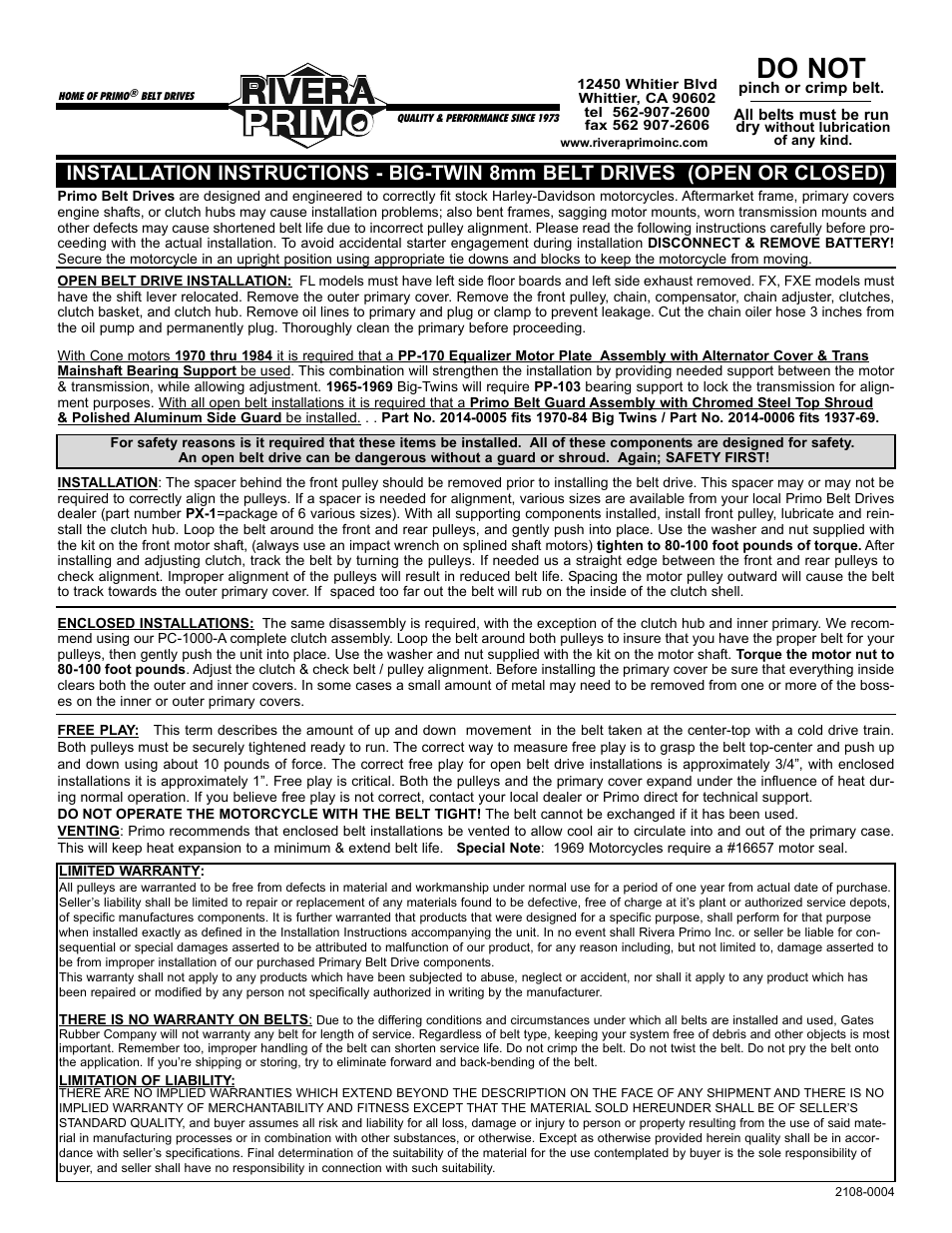 Rivera Primo Big-Twin 8mm Belt Drives User Manual | 1 page