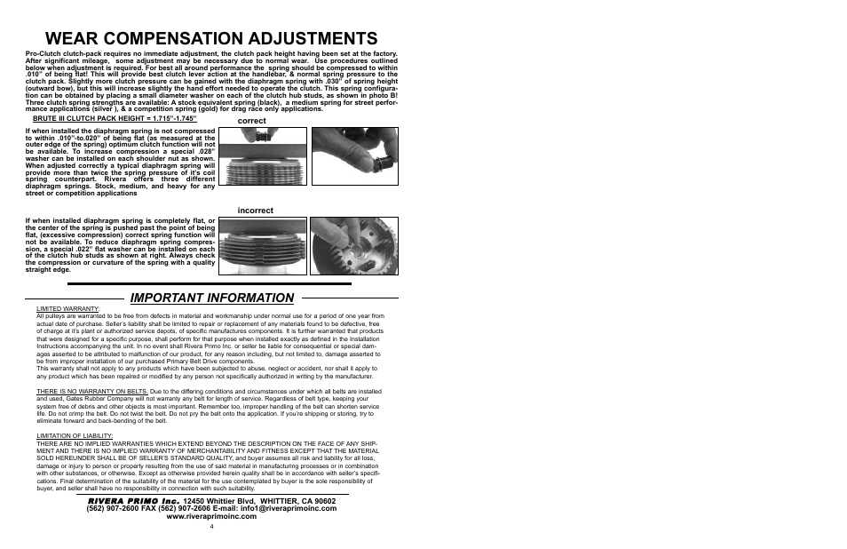 Wear compensation adjustments, Important information | Rivera Primo Brute III User Manual | Page 3 / 3