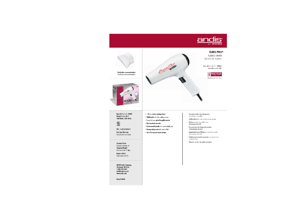 Andis Company Secador Turbo MI-1 User Manual | 1 page