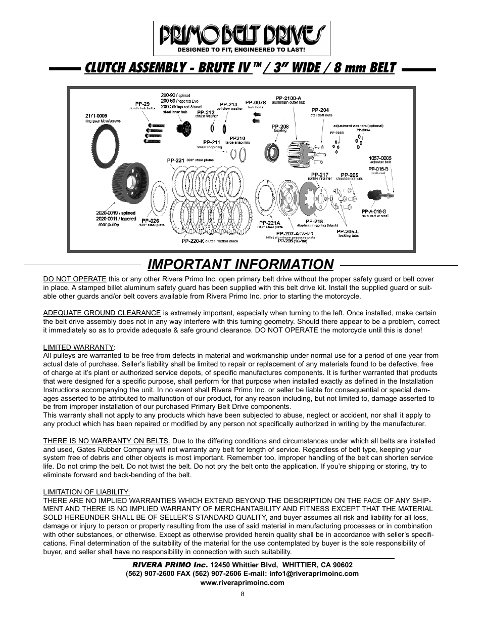 Clutch assembly - brute iv, 3” wide / 8 mm belt, Important information | Rivera Primo Brute IV User Manual | Page 8 / 8