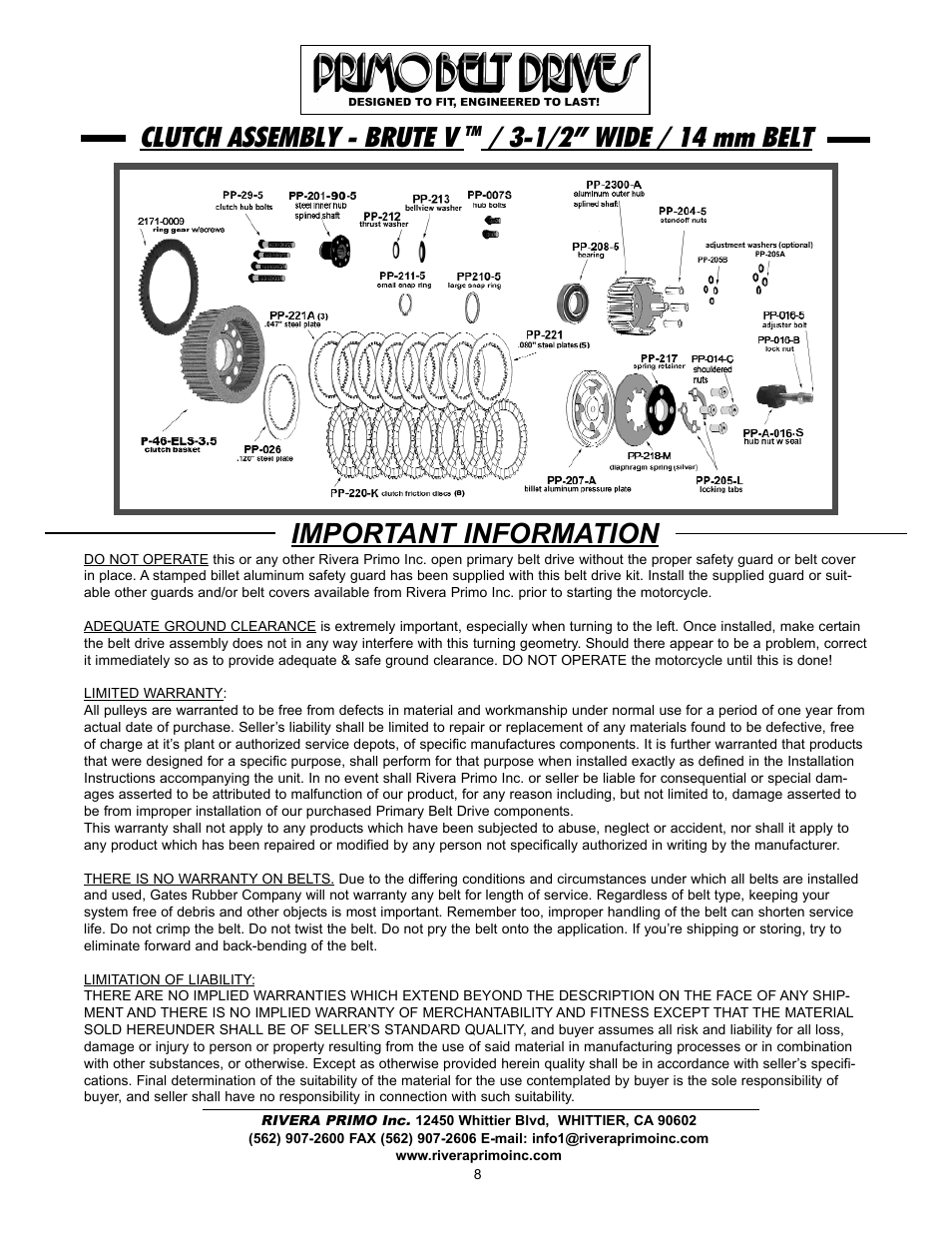 Clutch assembly - brute v, 1/2” wide / 14 mm belt important information | Rivera Primo Brute V User Manual | Page 8 / 8