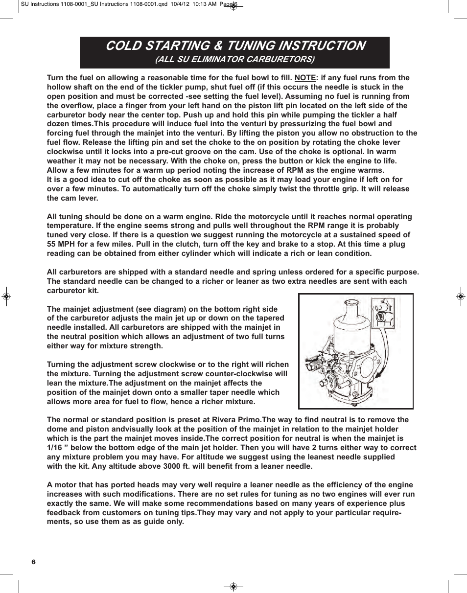 Cold starting & tuning instruction | Rivera Primo Shovel & Iron Xl Evo Big Twin & Twin Cam Models User Manual | Page 6 / 8