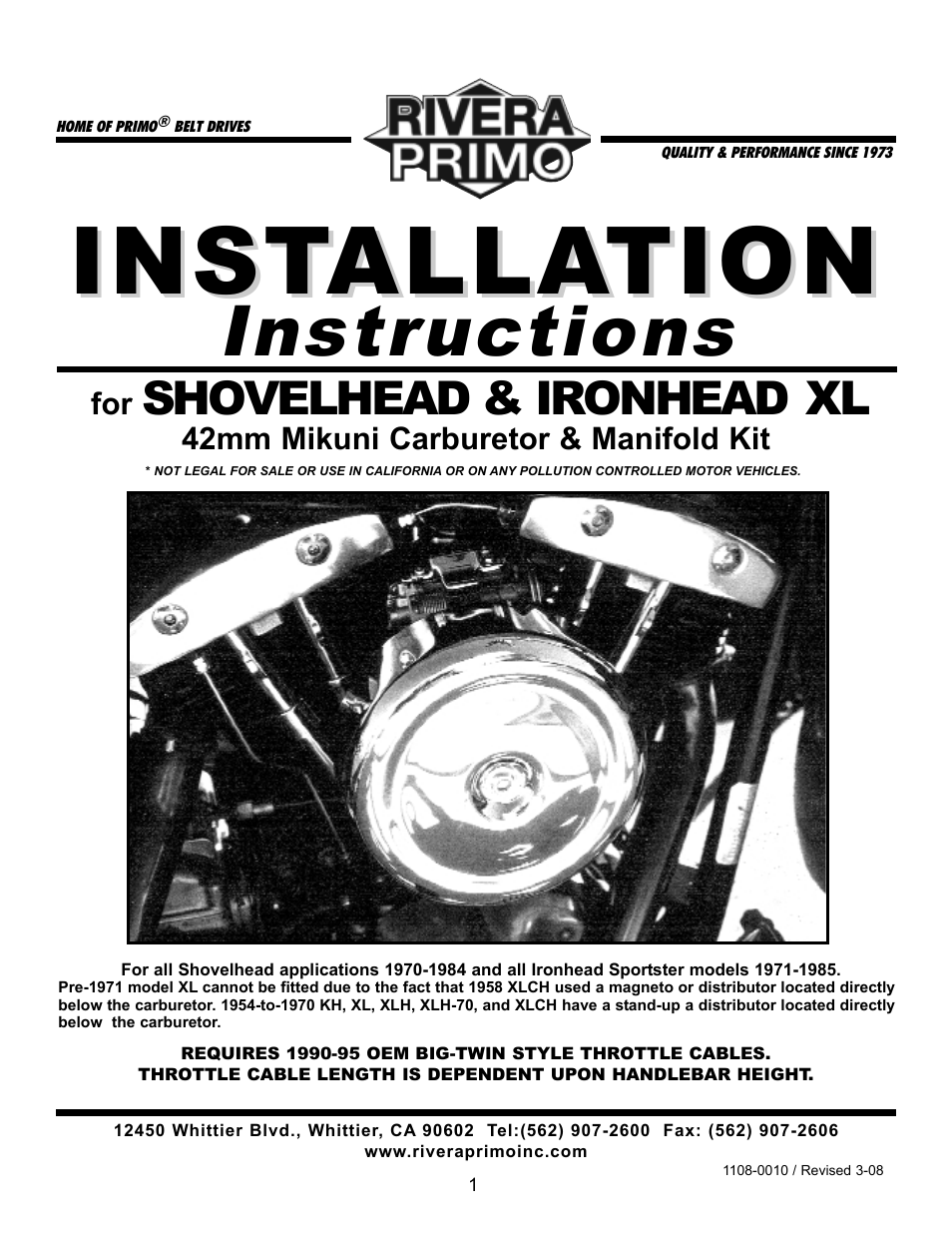 Rivera Primo Mikuni 42mm Carb - SH & XL User Manual | 8 pages