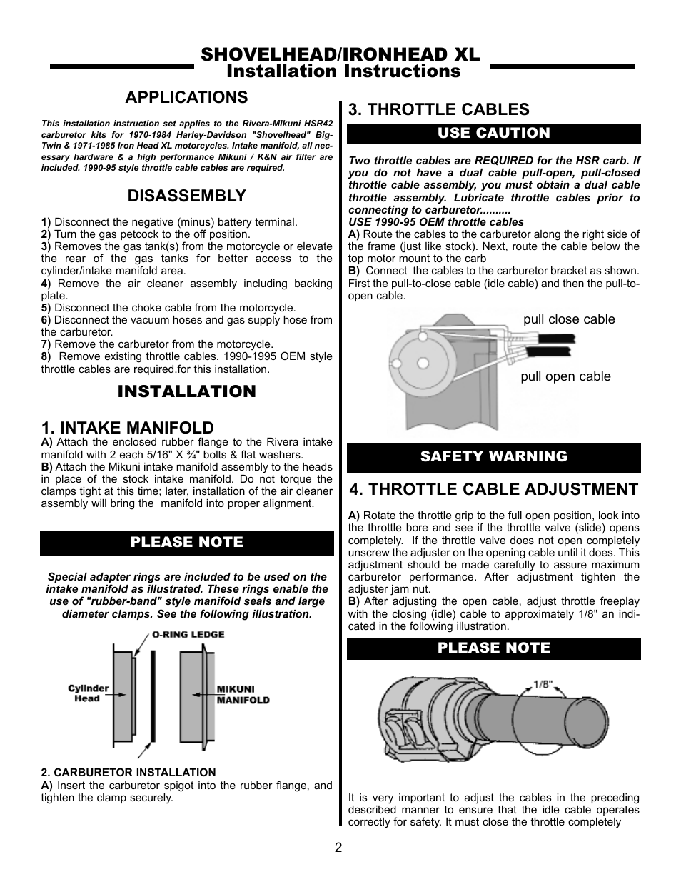 Shovelhead/ironhead xl installation instructions, Applications, Disassembly | Installation 1. intake manifold, Throttle cables, Throttle cable adjustment | Rivera Primo Mikuni 42mm Carb - SH & XL User Manual | Page 2 / 8