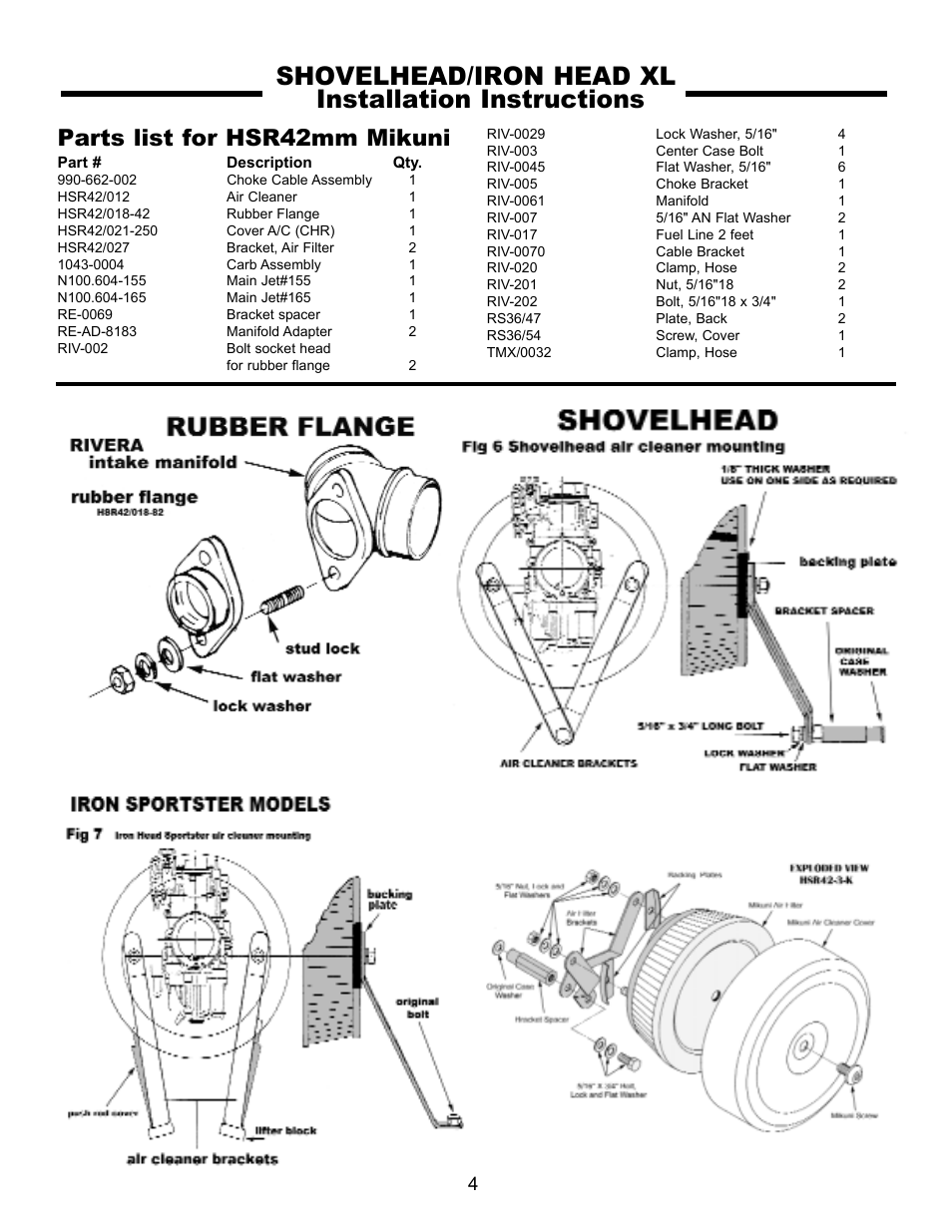 Shovelhead/iron head xl installation instructions, Parts list for hsr42mm mikuni | Rivera Primo Mikuni 42mm Carb - SH & XL User Manual | Page 4 / 8