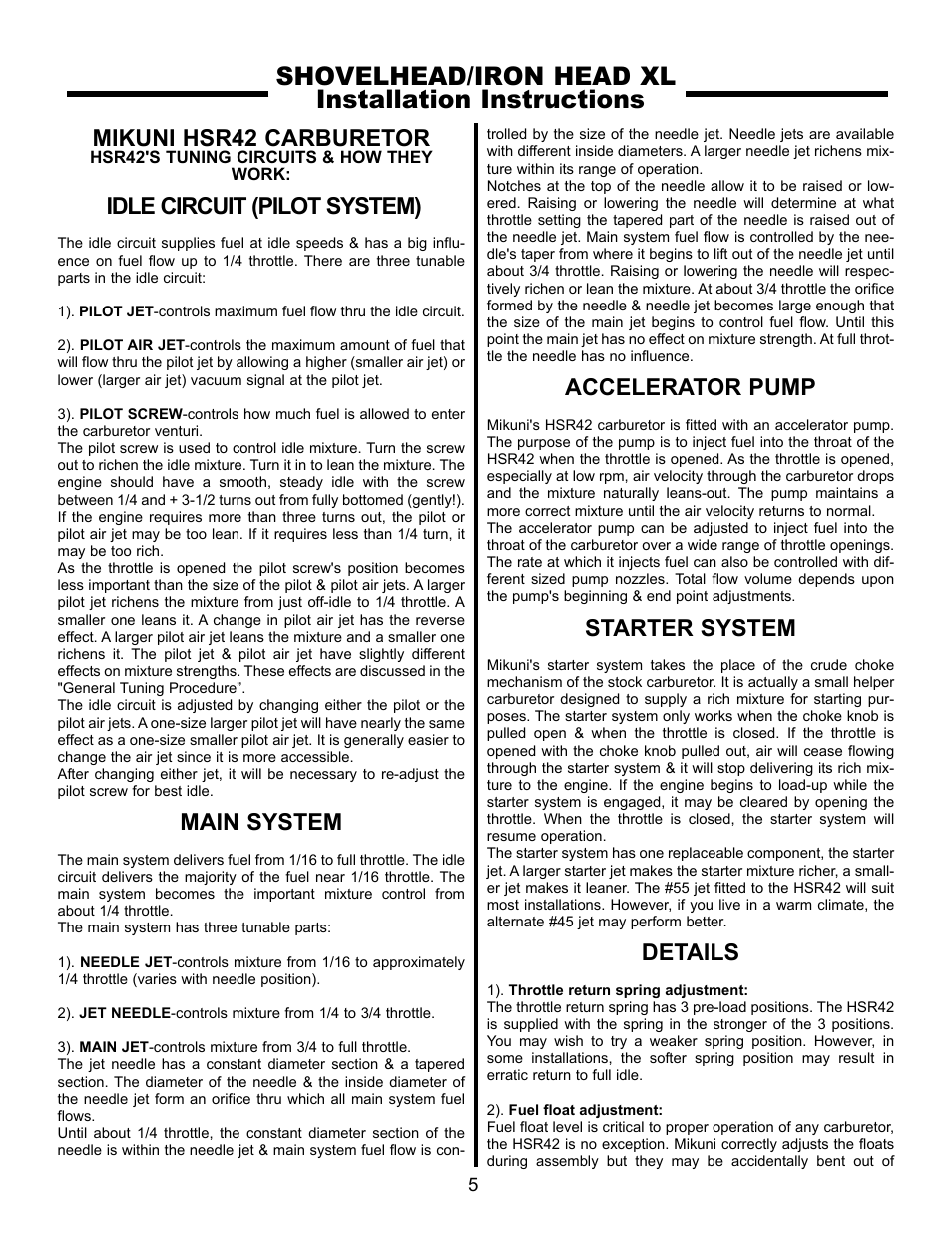 Shovelhead/iron head xl installation instructions, Mikuni hsr42 carburetor, Idle circuit (pilot system) | Main system, Accelerator pump, Starter system, Details | Rivera Primo Mikuni 42mm Carb - SH & XL User Manual | Page 5 / 8