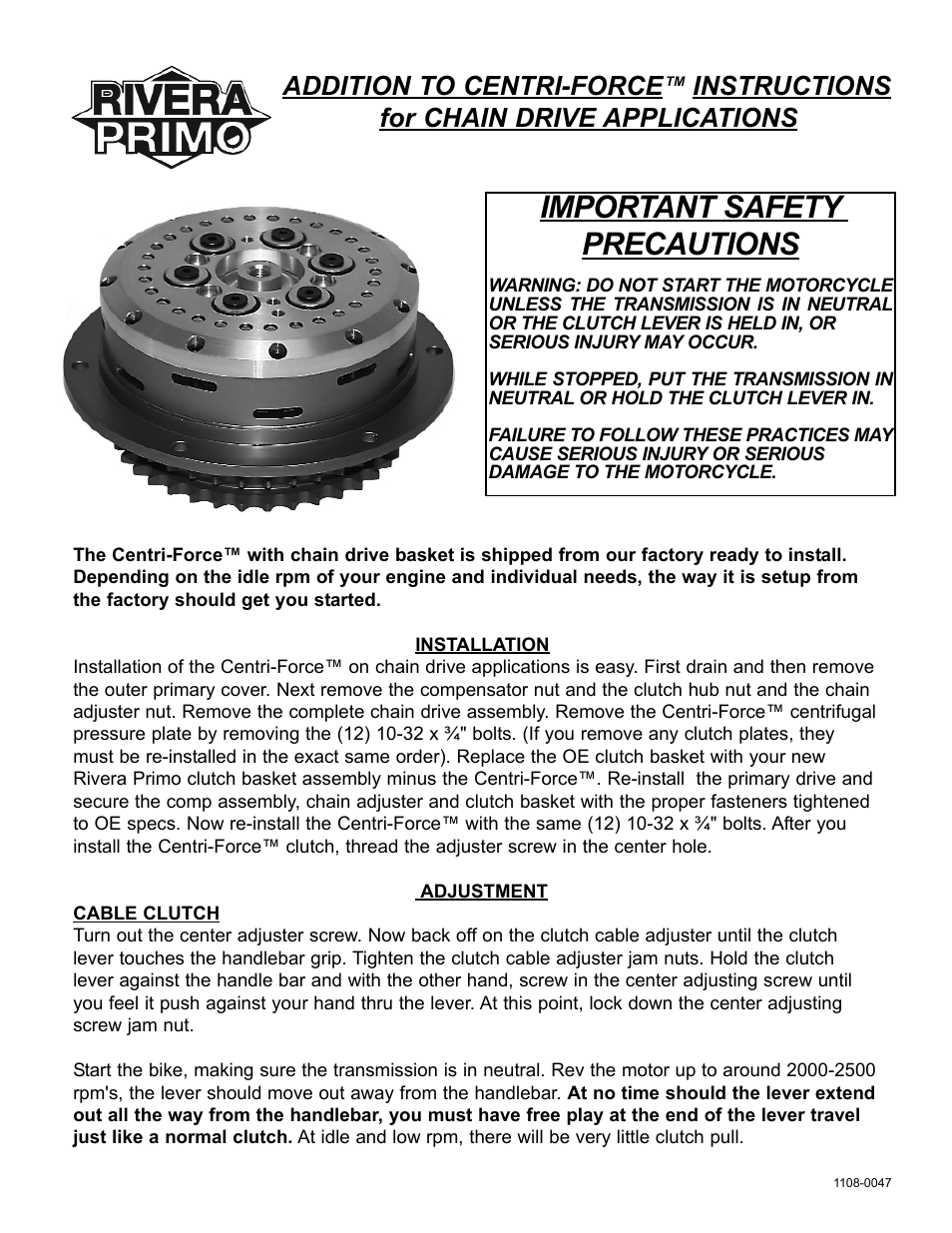 Rivera Primo Centri-Force - Chain Drive User Manual | 2 pages