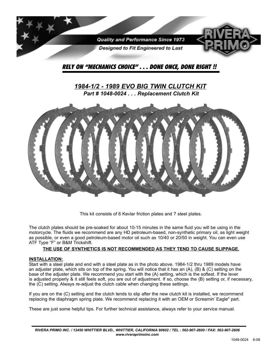 Rivera Primo 1048-0024 84-89 EVO BT Clutch Kit User Manual | 1 page