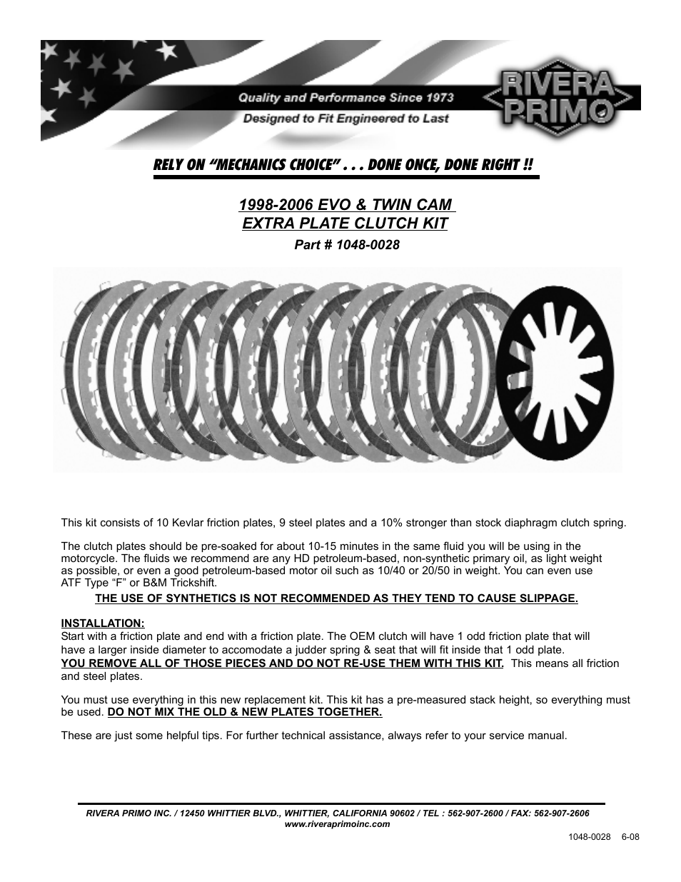 Rivera Primo 1048-0028 98-06 EVO & TC Extra PLT Clutch User Manual | 1 page