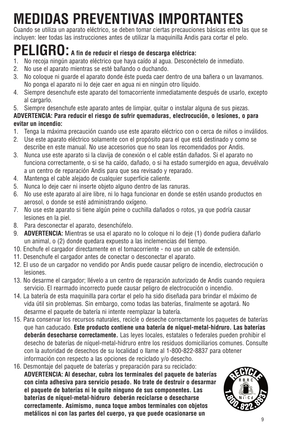 Medidas preventivas importantes, Peligro | Andis Company Andis AGR+ AGRC User Manual | Page 10 / 26