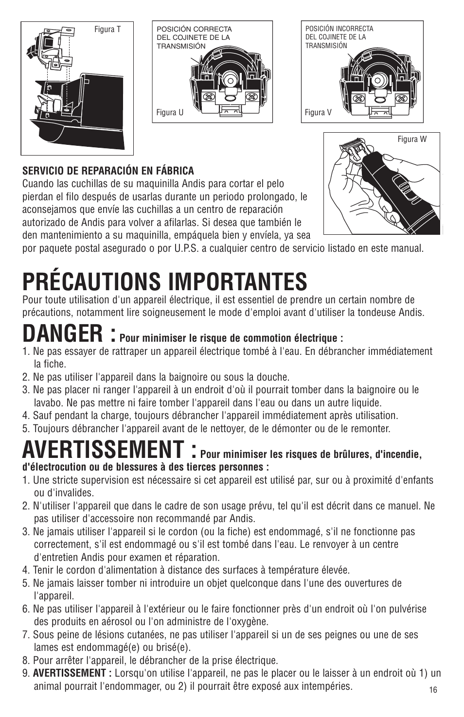 Précautions importantes, Danger, Avertissement | Andis Company Andis AGR+ AGRC User Manual | Page 17 / 26