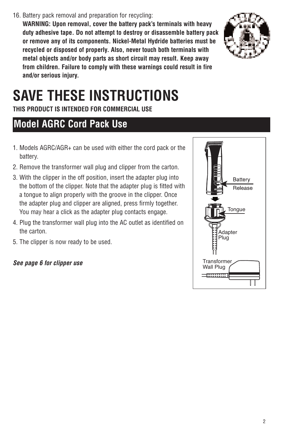 Save these instructions, Model agrc cord pack use | Andis Company Andis AGR+ AGRC User Manual | Page 3 / 26