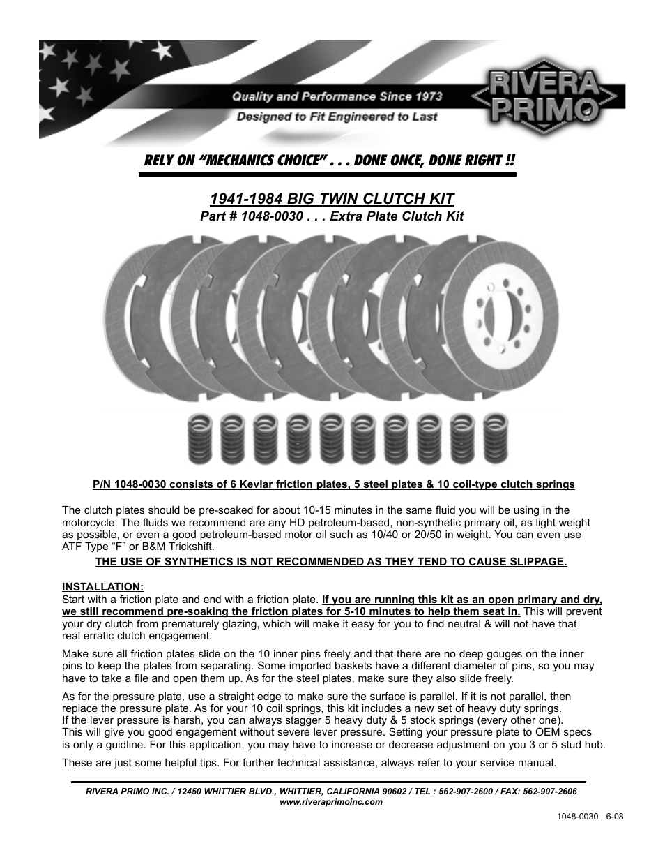 Rivera Primo 1048-0030 41-84 BT Extra PLT Clutch User Manual | 1 page