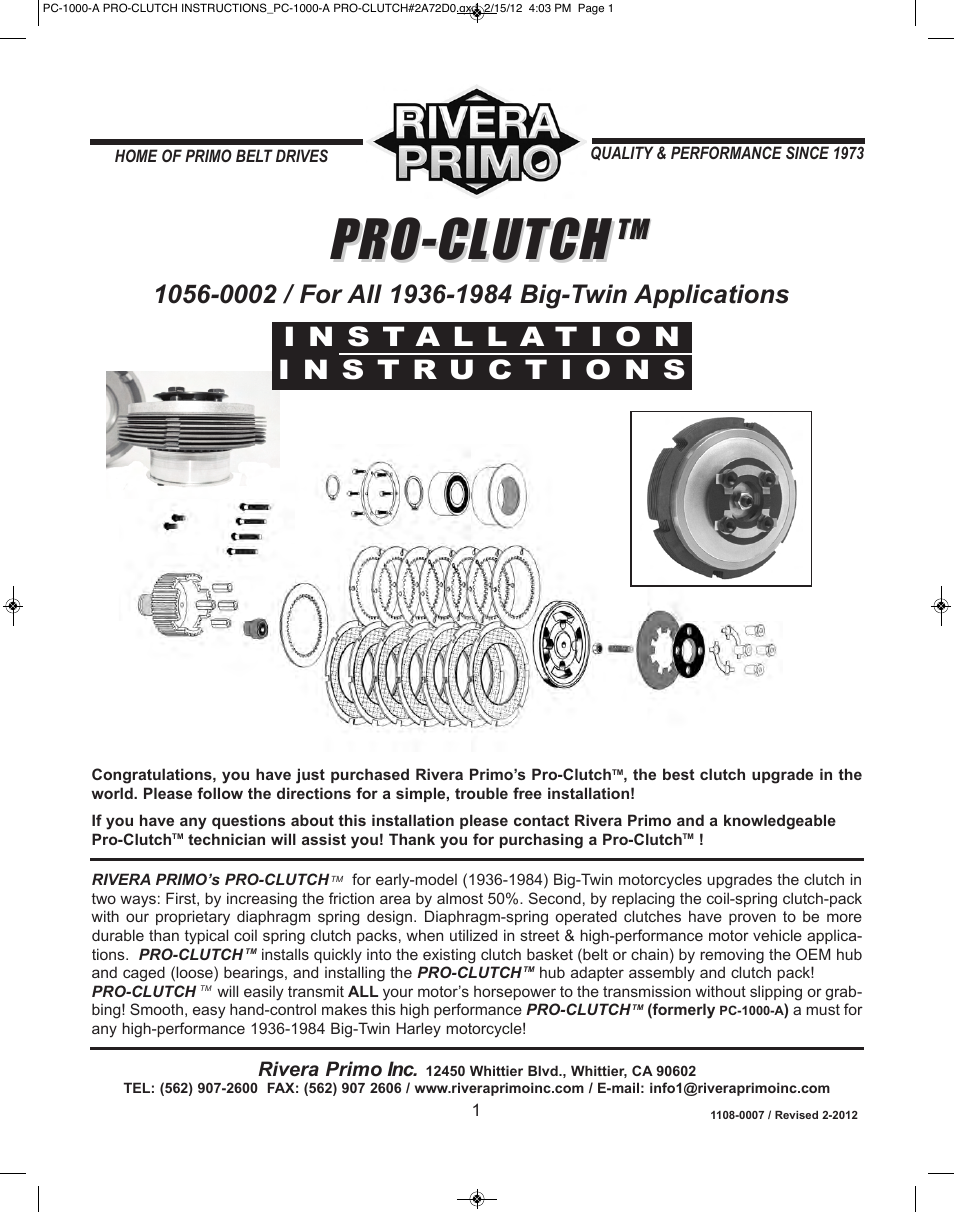 Rivera Primo 1056-0002 Pro Clutch (PC-10000-A) User Manual | 8 pages