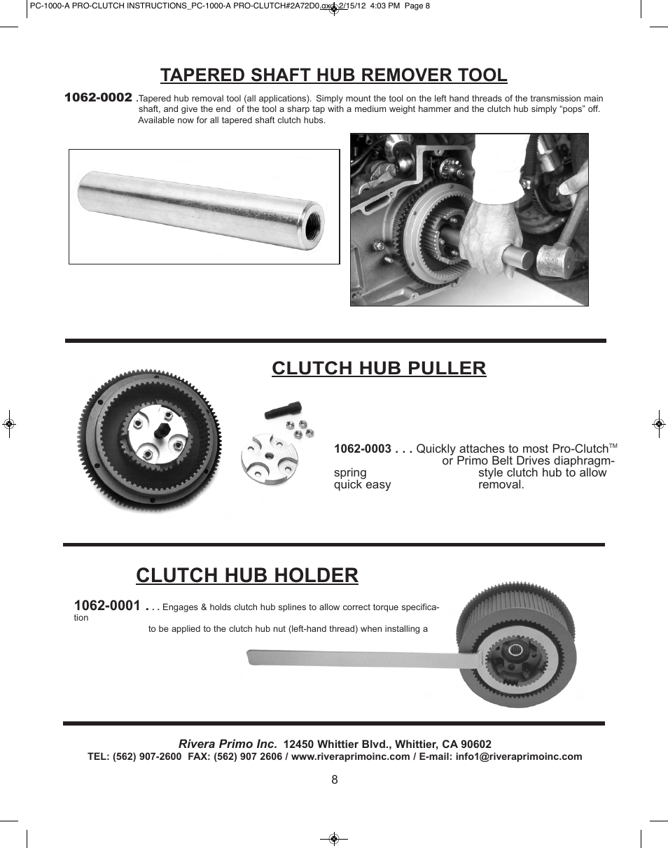 Clutch hub holder, Clutch hub puller, Tapered shaft hub remover tool | Rivera Primo 1056-0002 Pro Clutch (PC-10000-A) User Manual | Page 8 / 8