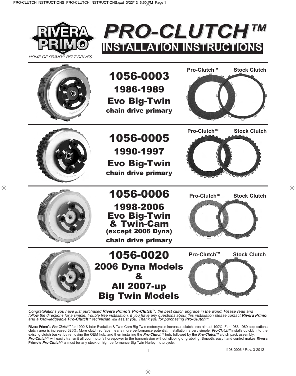 Rivera Primo Pro Clutch 1056-0020 User Manual | 8 pages
