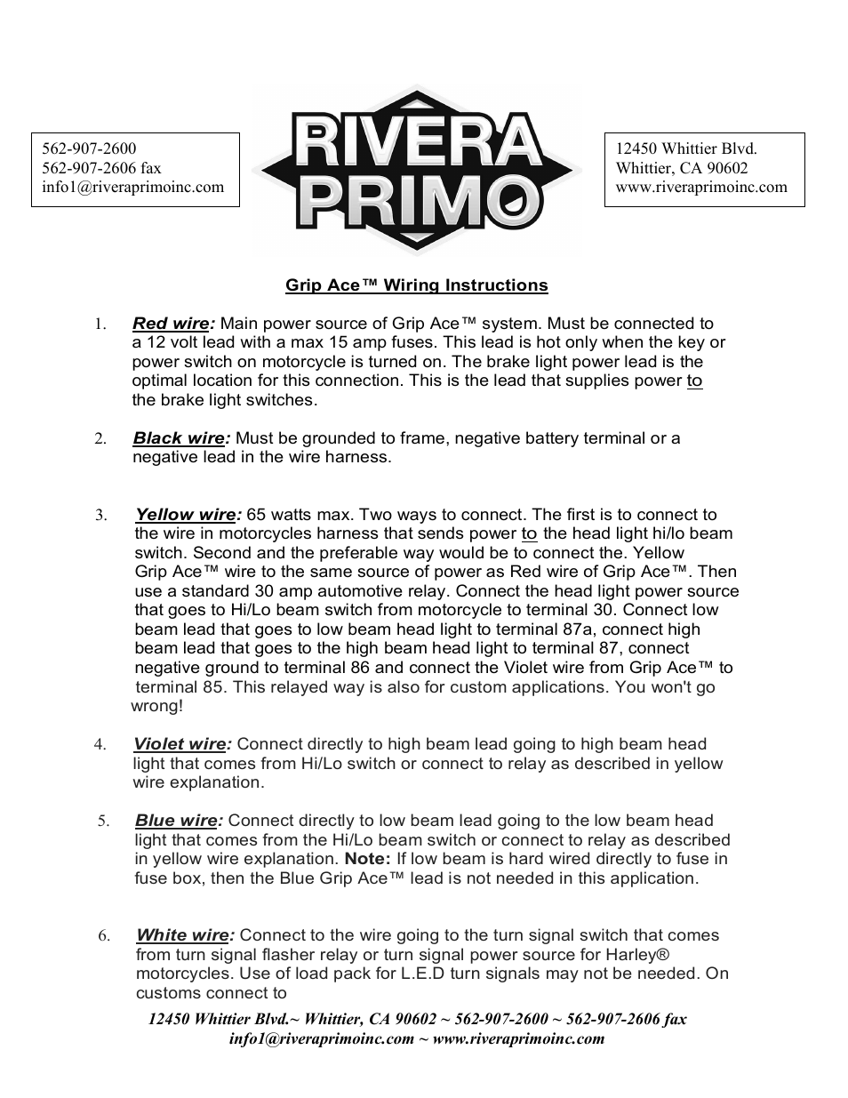 Rivera Primo Grip Ace User Manual | 2 pages