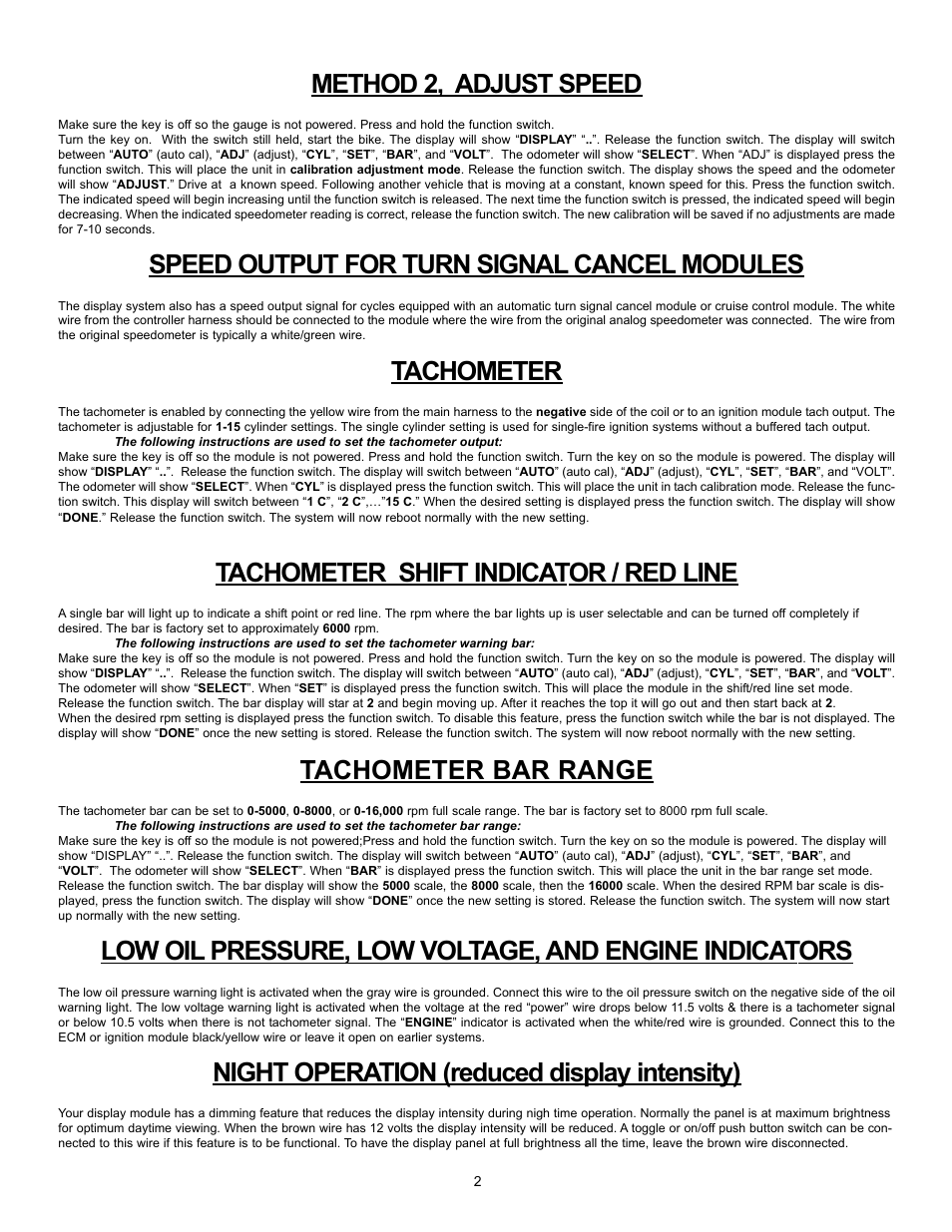 Method 2, adjust speed, Speed output for turn signal cancel modules, Tachometer | Tachometer shift indicator / red line, Tachometer bar range, Night operation (reduced display intensity) | Rivera Primo CDM User Manual | Page 2 / 4