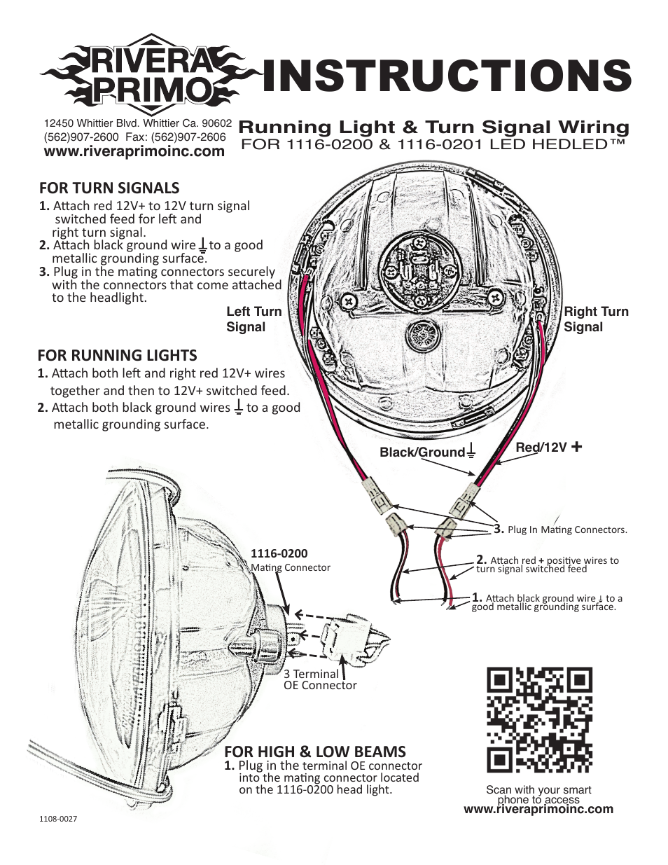 Rivera Primo Running Light & Turn Signal Wiring for 1116-0201LED HedLED User Manual | 1 page