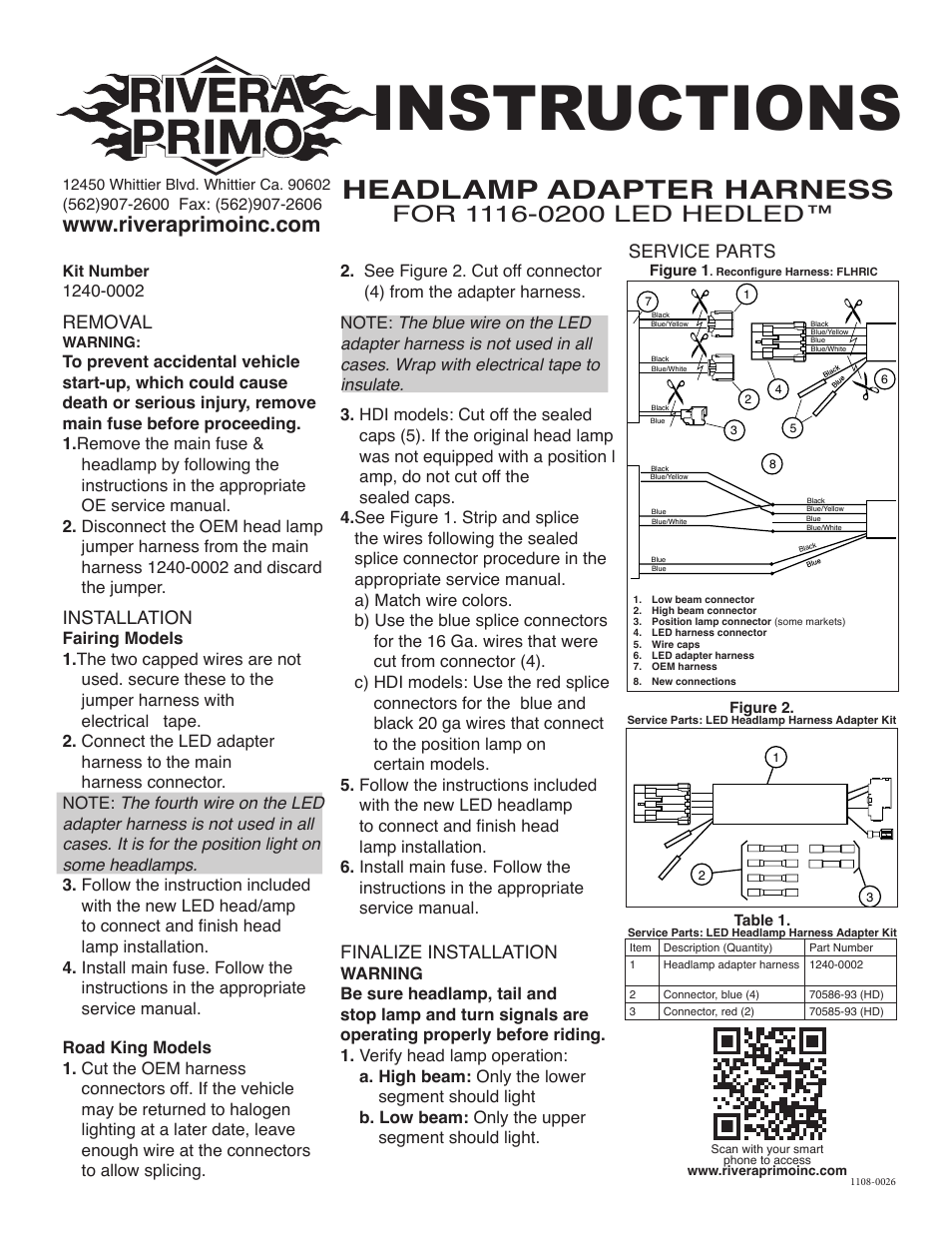 Rivera Primo Headlamp Adapter Harness for 1116-0200 LED HEDLED User Manual | 1 page