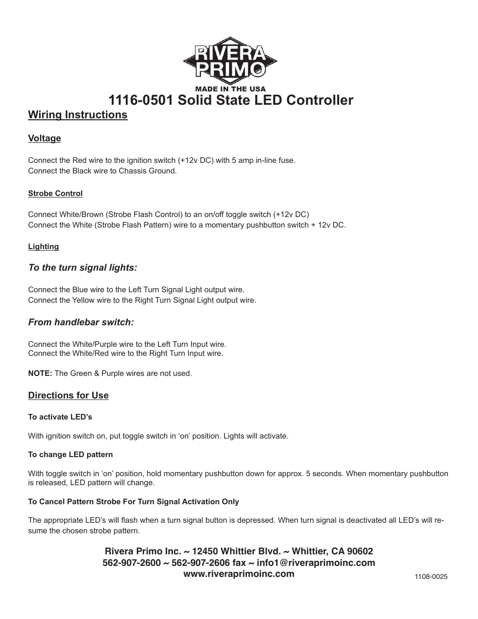 Rivera Primo 1116-0501 Solid State LED Controller User Manual | 4 pages