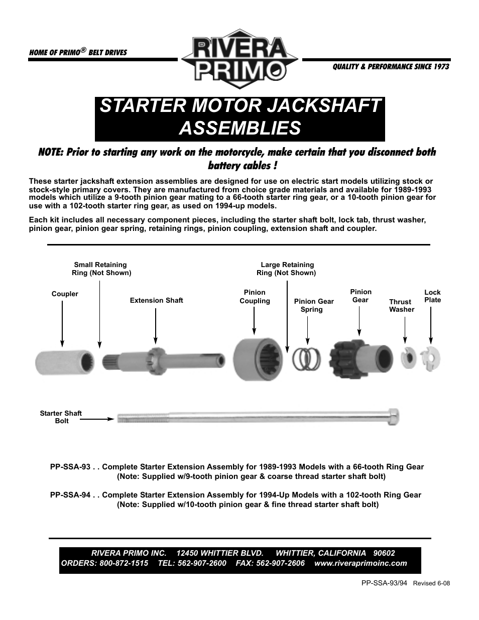 Rivera Primo Starter J-Shaft Assemblies User Manual | 1 page