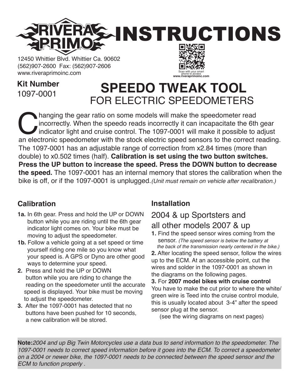 Rivera Primo 1097-000 Speedo Tweak Tool User Manual | 2 pages