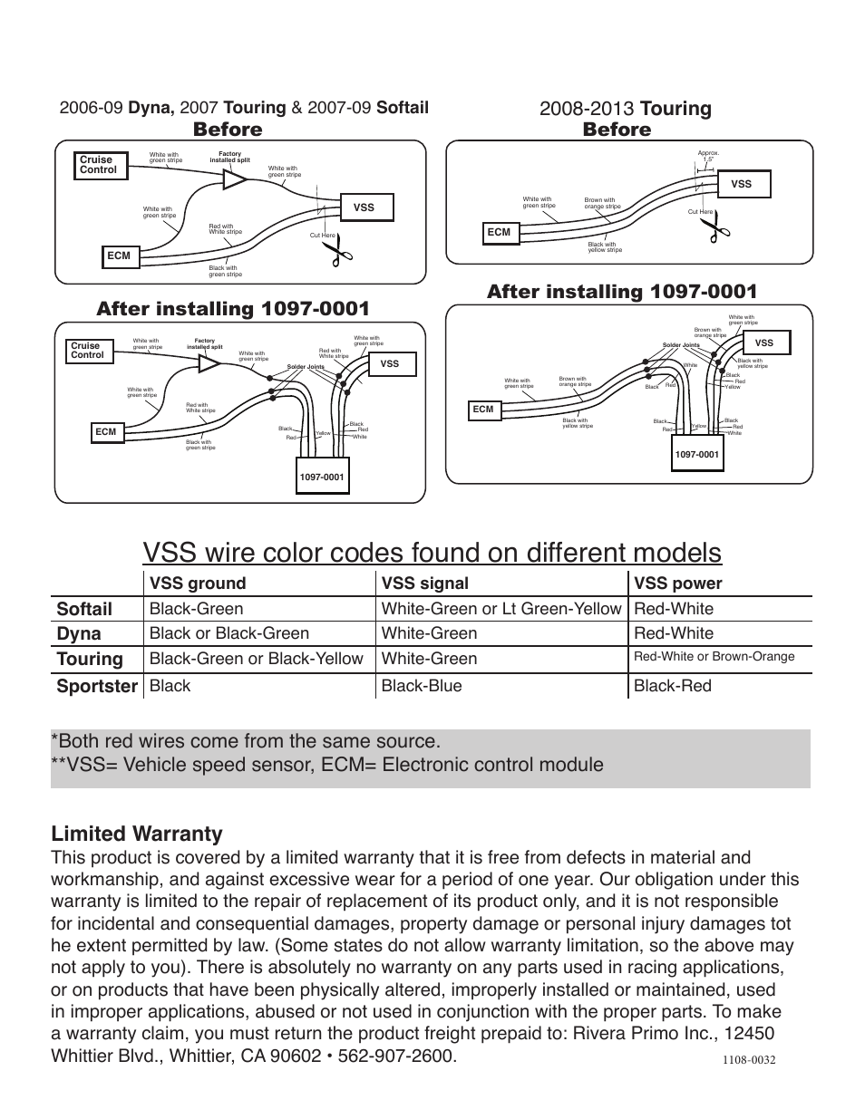 Vss wire color codes found on different models, Limited warranty, Softail | Dyna, Touring, Sportster, Vss ground vss signal vss power, Black or black-green white-green red-white, Black-green or black-yellow white-green, Black black-blue black-red | Rivera Primo 1097-000 Speedo Tweak Tool User Manual | Page 2 / 2