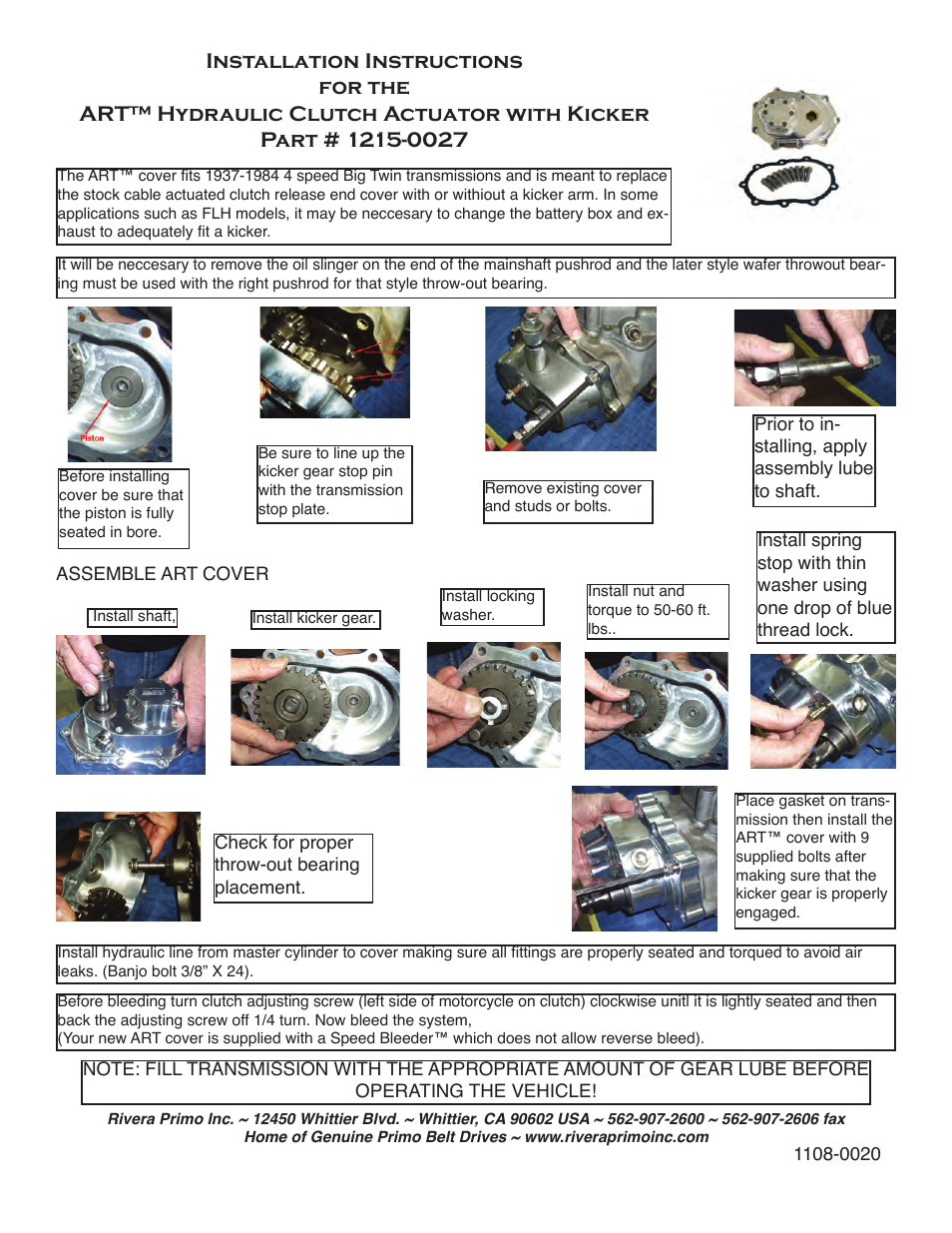 Rivera Primo 1215-0027 ART Hydraulic Clutch Actuator with Kicker User Manual | 1 page