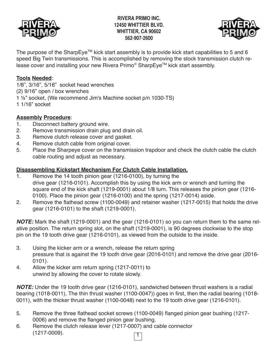 Rivera Primo SharpEye Kicker User Manual | 2 pages