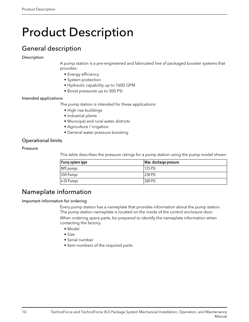 Product description, General description, Operational limits | Nameplate information | Bell & Gossett 10 001 247 R3 TechnoForce Package System User Manual | Page 12 / 36