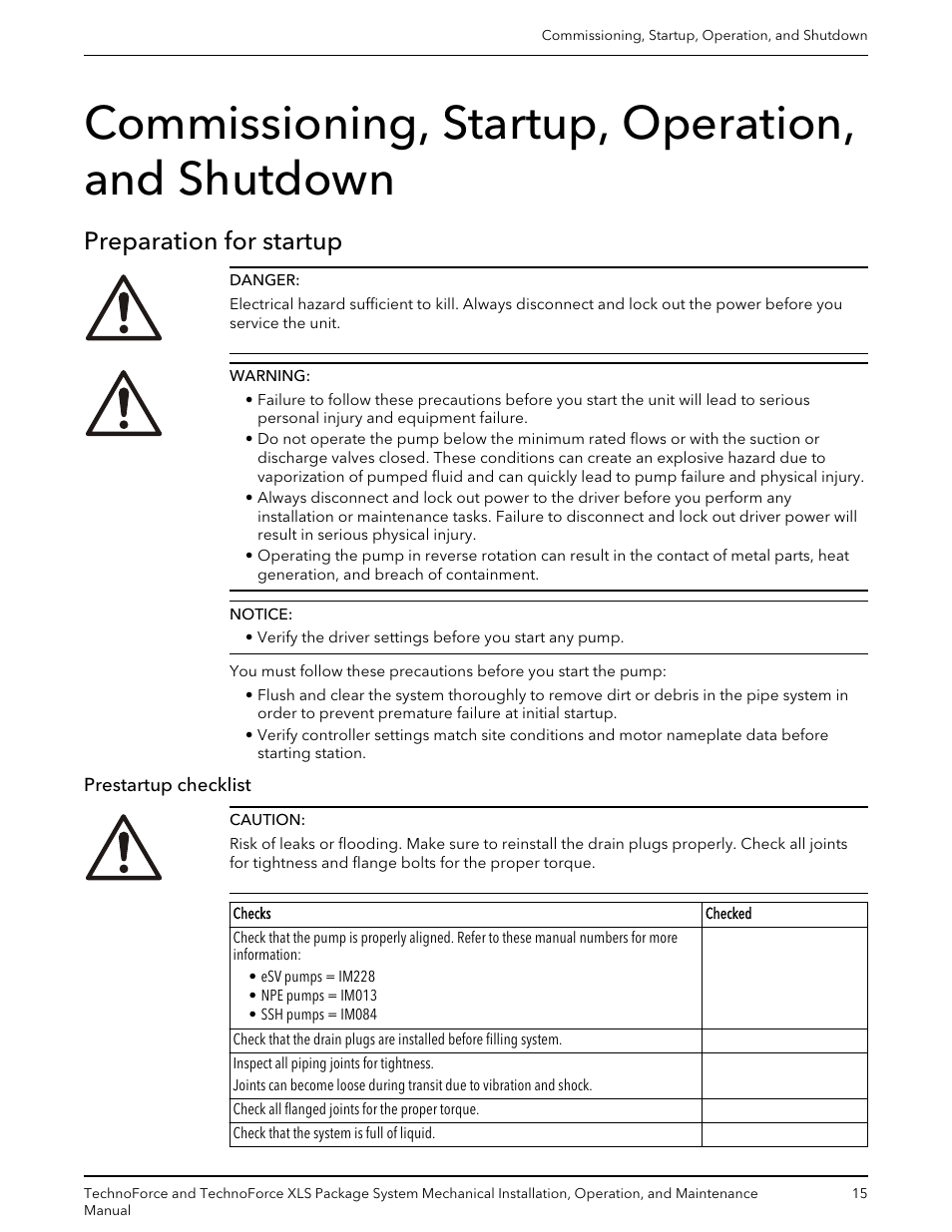 Commissioning, startup, operation, and shutdown, Preparation for startup, Prestartup checklist | Bell & Gossett 10 001 247 R3 TechnoForce Package System User Manual | Page 17 / 36