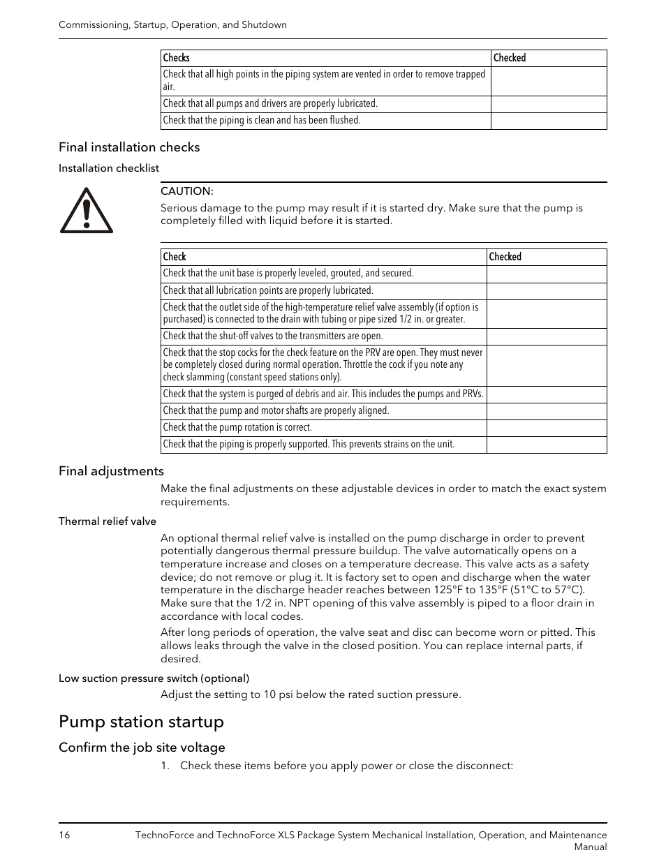 Final installation checks, Final adjustments, Pump station startup | Confirm the job site voltage, Final installation checks final adjustments | Bell & Gossett 10 001 247 R3 TechnoForce Package System User Manual | Page 18 / 36