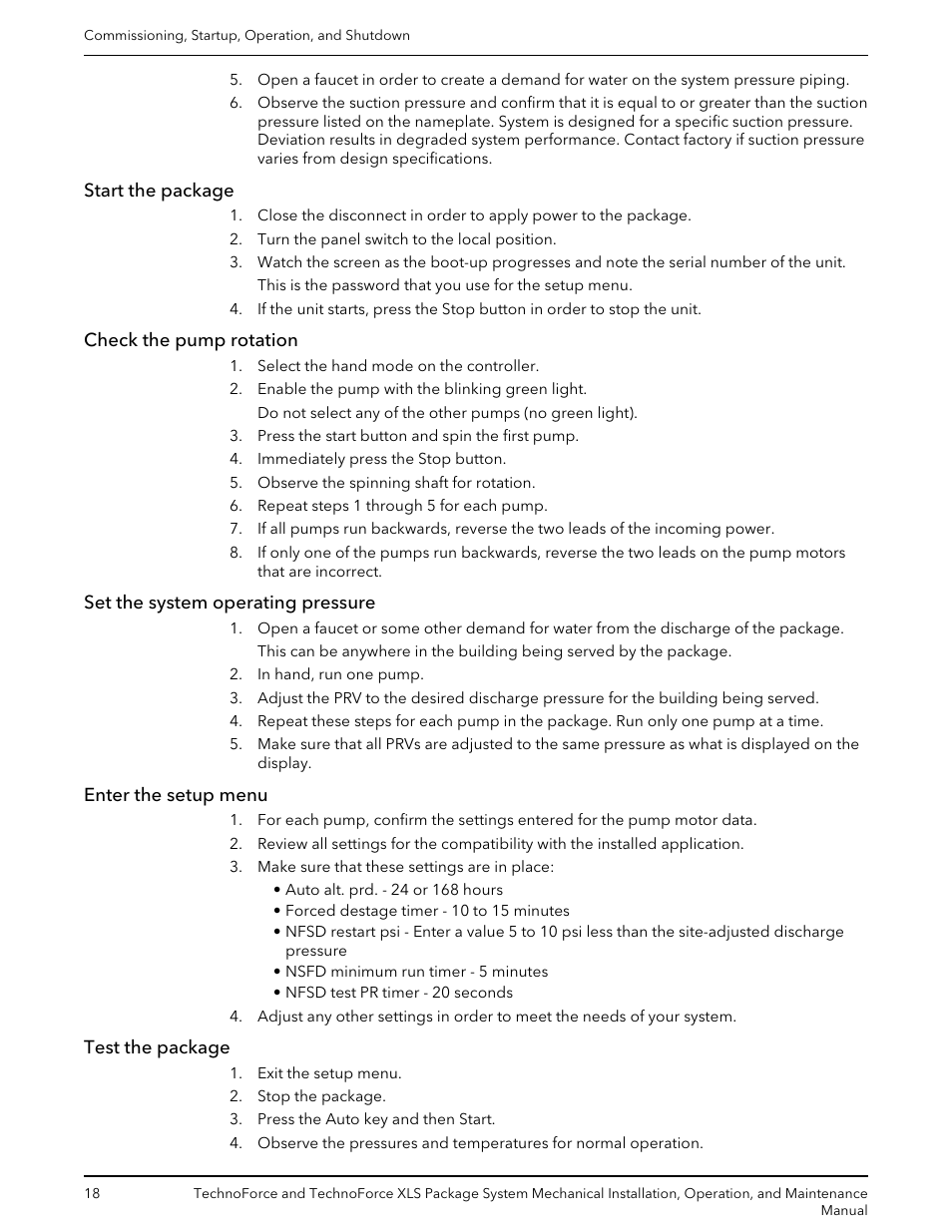 Start the package, Check the pump rotation, Set the system operating pressure | Enter the setup menu, Test the package | Bell & Gossett 10 001 247 R3 TechnoForce Package System User Manual | Page 20 / 36