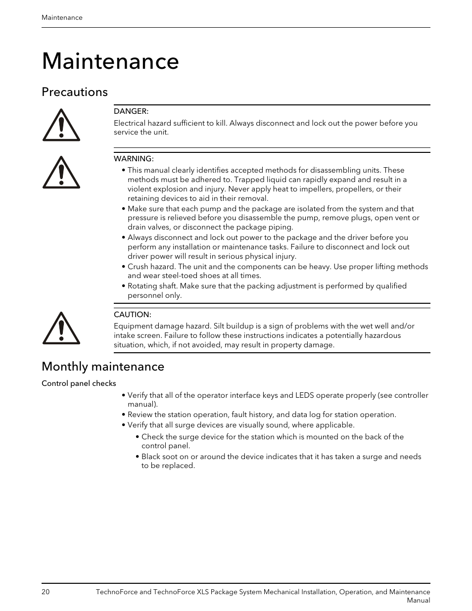 Maintenance, Precautions, Monthly maintenance | Precautions monthly maintenance | Bell & Gossett 10 001 247 R3 TechnoForce Package System User Manual | Page 22 / 36