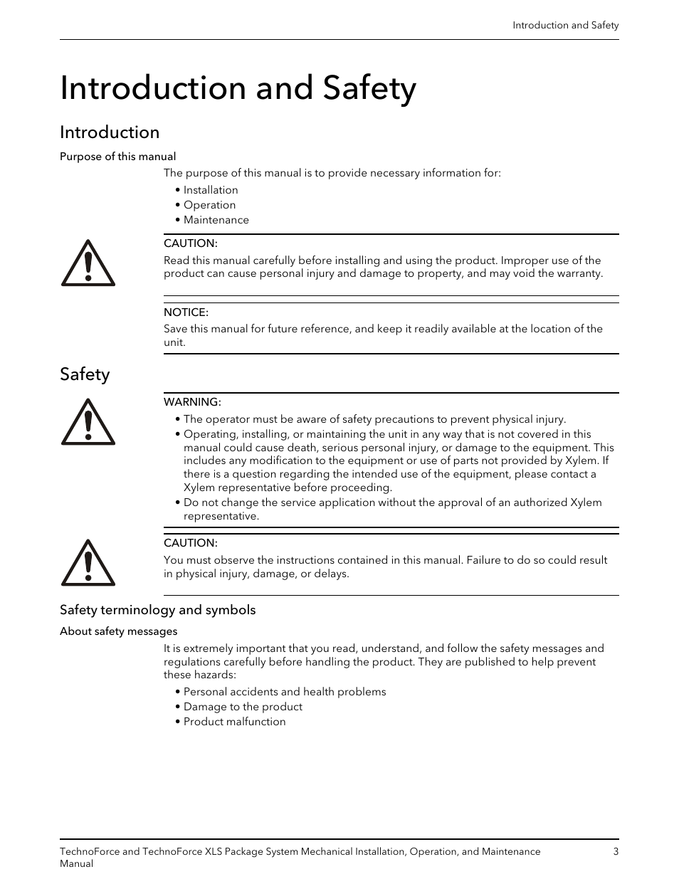 Introduction and safety, Introduction, Safety | Safety terminology and symbols, Introduction safety | Bell & Gossett 10 001 247 R3 TechnoForce Package System User Manual | Page 5 / 36