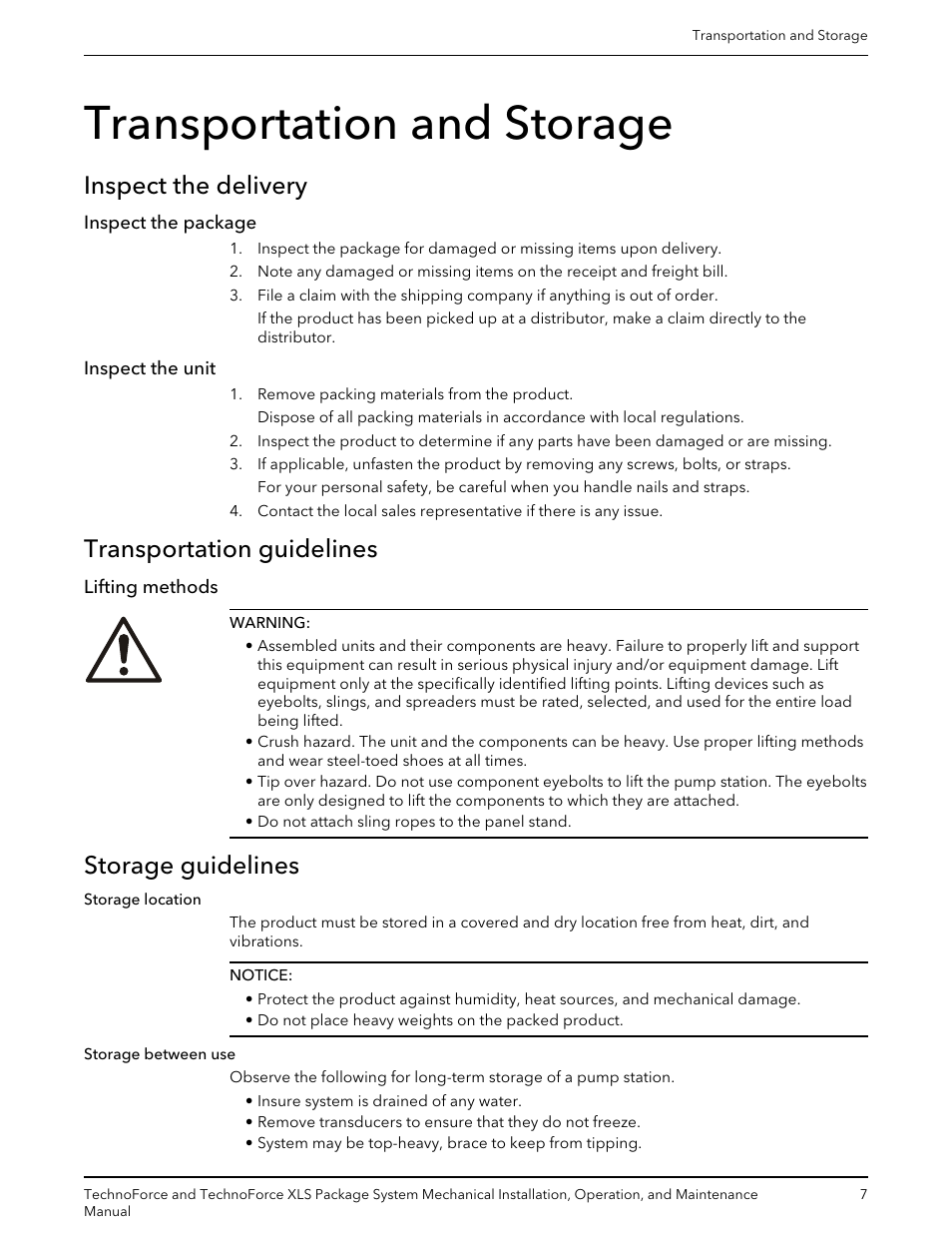 Transportation and storage, Inspect the delivery, Inspect the package | Inspect the unit, Transportation guidelines, Lifting methods, Storage guidelines, Storage between use, Inspect the package inspect the unit | Bell & Gossett 10 001 247 R3 TechnoForce Package System User Manual | Page 9 / 36