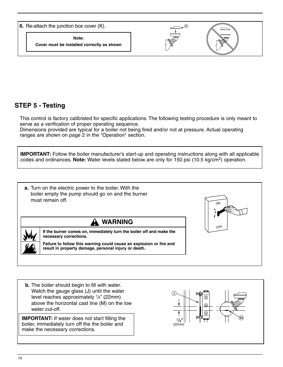 Step 5 - testing, Warning | Bell & Gossett MM 217L Series 150S and 157S Low Water Cut-Offs/Pump Controllers User Manual | Page 10 / 12