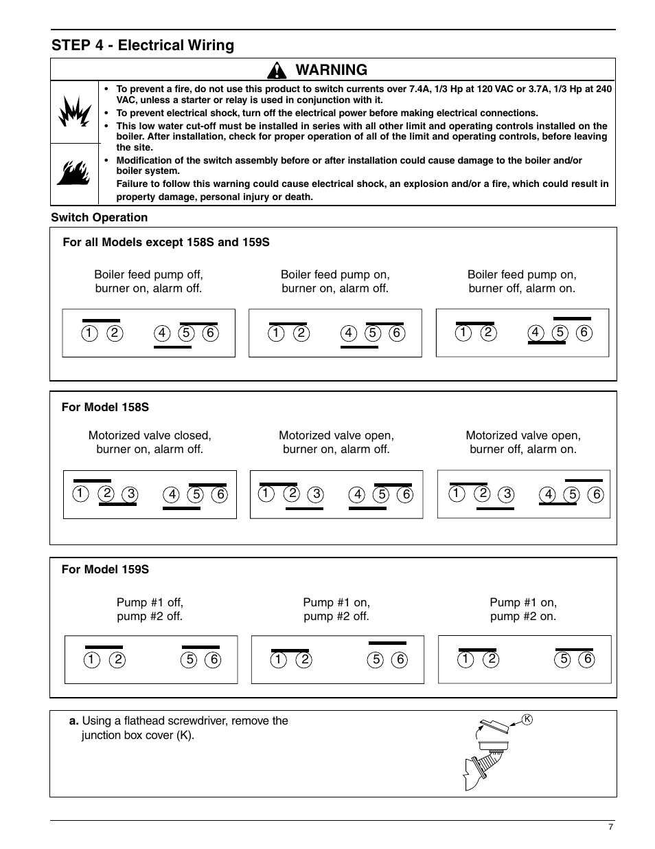 Step 4 - electrical wiring, Warning | Bell & Gossett MM 217L Series 150S and 157S Low Water Cut-Offs/Pump Controllers User Manual | Page 7 / 12