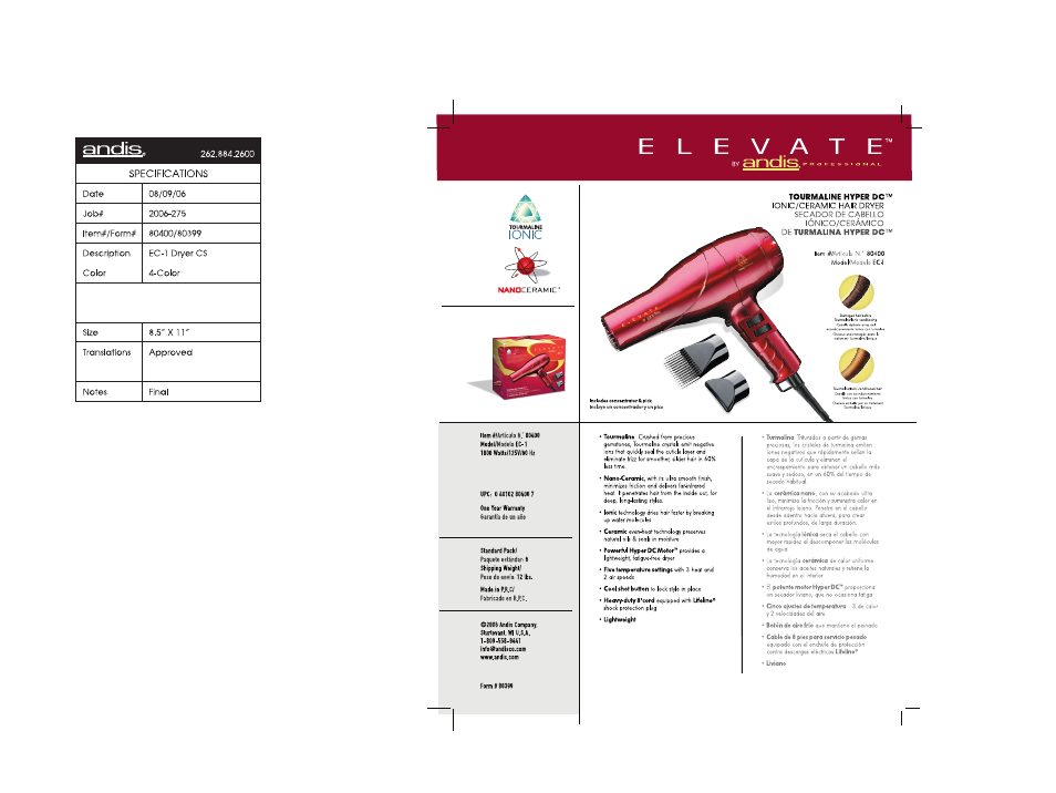 Andis Company Tourmaline Hyper EC-1 User Manual | 1 page