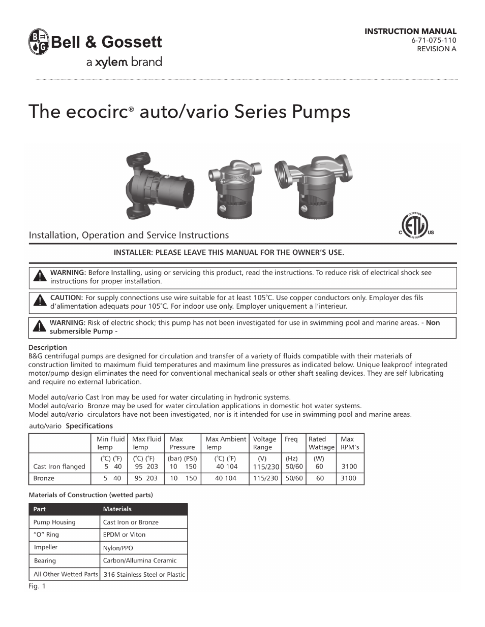 Bell & Gossett 6 71 075 110A The ecocirc auto/vario Series Pumps User Manual | 4 pages